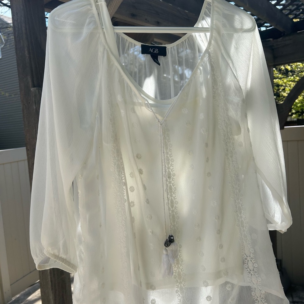 AGB Cream Sheer Embroidered V-Neck Tunic
